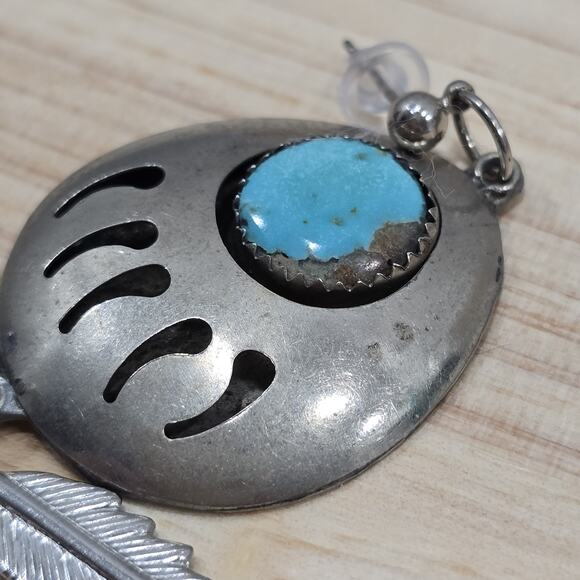 Silver Turquoise Bear Paw Feather Dangle Earrings Native American Tribal - Picture 7 of 13